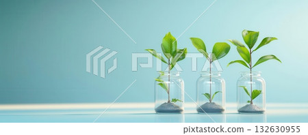 Three small plants growing in glass jars against a blue background. 132630955