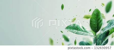 Green leaves falling in the air with a light background 132630957