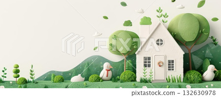 Cute papercraft house surrounded by trees and grass. Cute papercraft house surrounded by trees and grass. 132630978
