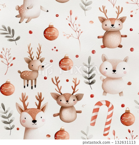 Cute watercolor reindeer pattern with candy canes, leaves, and berries on a white background 132631113