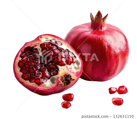 Ripe and Juicy Pomegranate Halves Revealing Bright Red Arils on White Background  Healthy Nutritious Superfood Concept with Copyspace 132631150