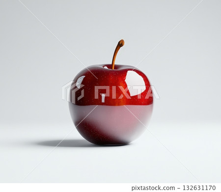 Closeup of a single perfectly ripe and shiny red apple set against a clean minimalist white background  The apple s glossy skin reflects the light 132631170