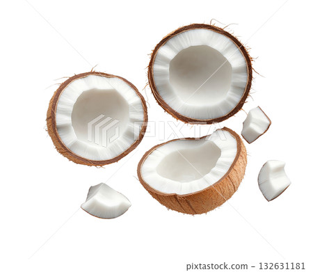 Freshly cracked open coconut halves showcased on a rustic wooden background  The tropical fruit s white juicy flesh and hard brown shell are visible in this closeup studio shot  A healthy nutritious 132631181