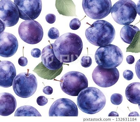 Abundant assortment of fresh ripe and juicy purple plums grapes and blueberries displayed on a textured natural background  This colorful and vibrant collection of healthy 132631184