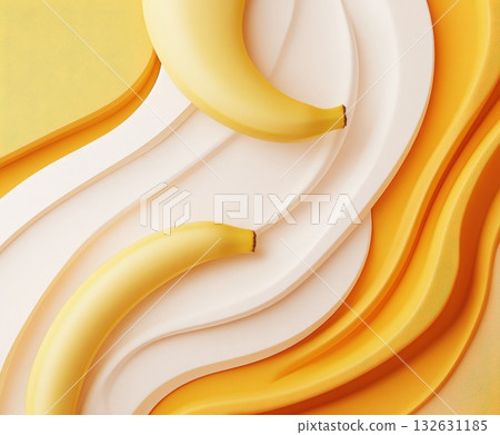Captivating abstract composition featuring fluid dynamic swirls and curves in a vibrant palette of yellow and orange hues against a minimalist textured background with banana 132631185
