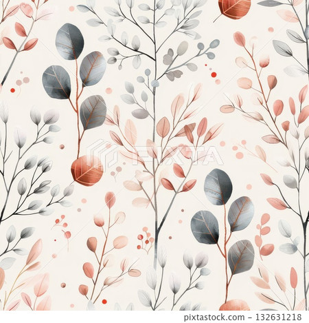 Watercolor seamless pattern with blue and pink leaves on white background. Watercolor seamless pattern with blue and pink leaves on white background. 132631218