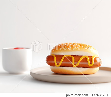 A juicy burger with a soft toasted bun topped with savory condiments like mustard and ketchup sitting on a plain white plate 132631261