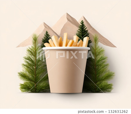 A paper cup filled with crispy golden french fries set against the tranquil backdrop of snow capped mountains and lush pine trees creating a minimalist and nature inspired still life composition 132631262