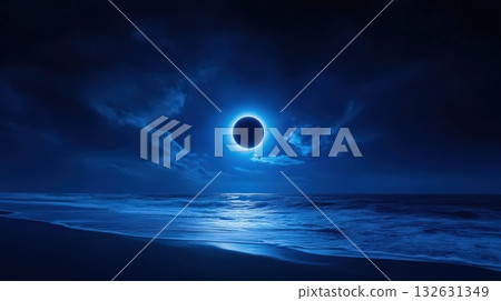 Dramatic solar eclipse silhouetted against a moody ethereal night sky reflected on the calm tranquil ocean waves lapping against the shore A captivating cosmic event Dramatic solar eclipse silhouetted against a moody ethereal night sky reflected on the calm tranquil ocean waves lapping against the shore A captivating cosmic event 132631349
