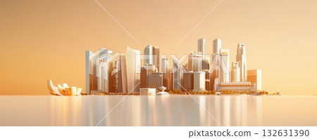 Minimalist city skyline model with clouds and beige background. 132631390