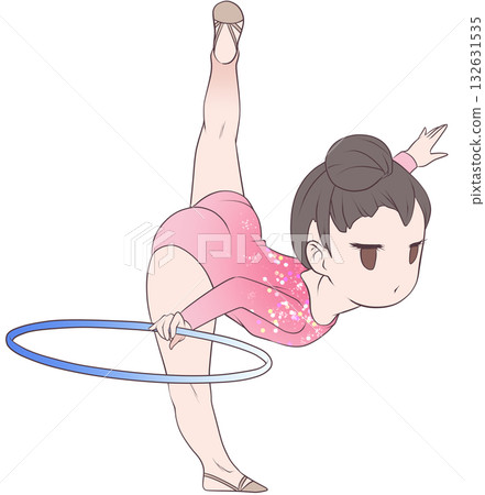 年輕的藝術體操女運動員。一位藝術體操女運動員正在表演圈操。簡潔可愛的剪貼畫。 年輕的藝術體操女運動員。一位藝術體操女運動員正在表演圈操。簡潔可愛的剪貼畫。 132631535