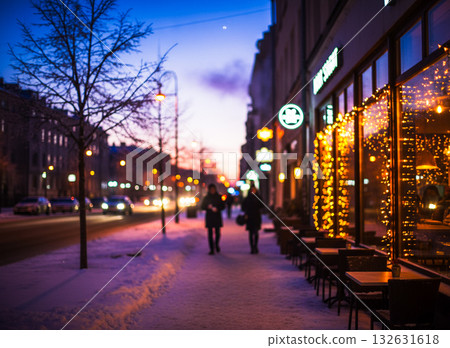 Cafe lights on a winter street corner 132631618