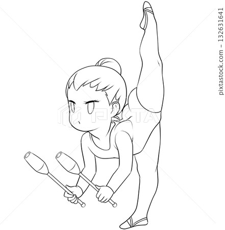 Young female rhythmic gymnast. Female rhythmic gymnast performing club routine. Simple and cute clip art/line drawing Young female rhythmic gymnast. Female rhythmic gymnast performing club routine. Simple and cute clip art/line drawing 132631641