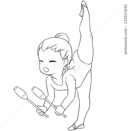 Young female rhythmic gymnast. Female rhythmic gymnast performing club routine. Simple and cute clip art/line drawing Young female rhythmic gymnast. Female rhythmic gymnast performing club routine. Simple and cute clip art/line drawing 132631642