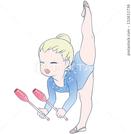 年輕的藝術體操女運動員。正在表演棒操的藝術體操女運動員。簡潔可愛的剪貼畫。 132631736