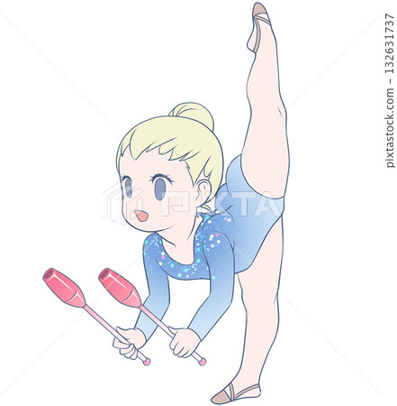 年輕的藝術體操女運動員。正在表演棒操的藝術體操女運動員。簡潔可愛的剪貼畫。 132631737