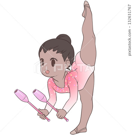 年輕的藝術體操女運動員。正在表演棒操的藝術體操女運動員。簡潔可愛的剪貼畫。 132631767