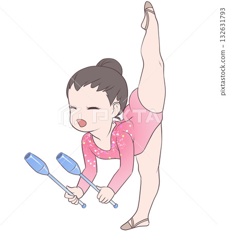 年輕的藝術體操女運動員。正在表演棒操的藝術體操女運動員。簡潔可愛的剪貼畫。 132631793