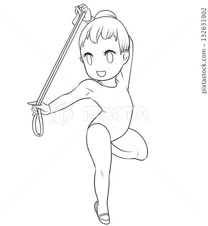 年輕的女子藝術體操運動員。女子藝術體操選手正在表演繩索動作。簡潔可愛的剪貼畫/線條畫。 132631902