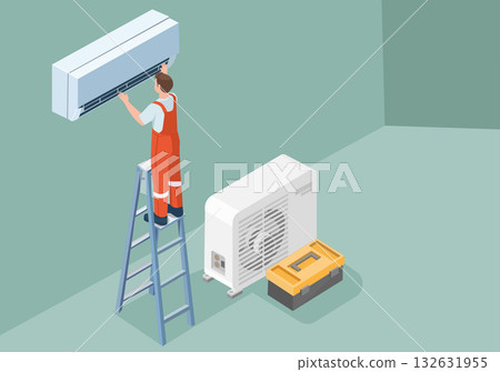Technician Installing or Repairing Air Conditioner 132631955