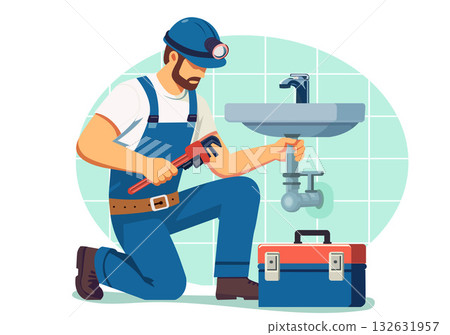 Plumber Repairing Sink and Faucet Plumber Repairing Sink and Faucet 132631957