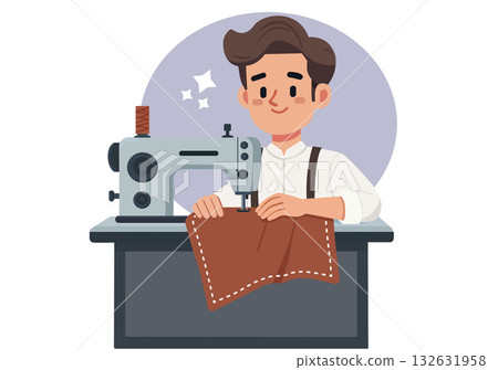 Smiling Tailor Sewing with Machine 132631958