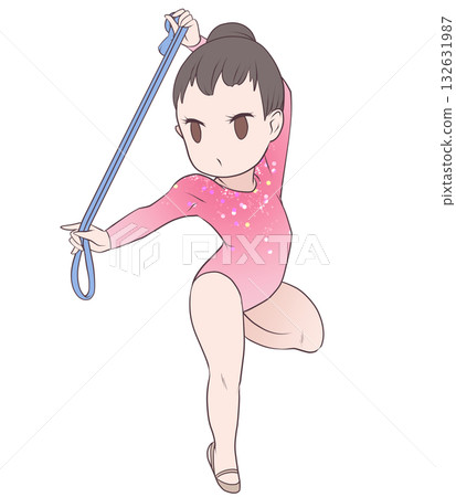 一位年輕的女運動員正在表演藝術體操。一位女藝術體操運動員正在表演繩索項目。簡潔可愛的剪貼畫。 132631987