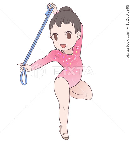 一位年輕的女運動員正在表演藝術體操。一位女藝術體操運動員正在表演繩索項目。簡潔可愛的剪貼畫。 132631989