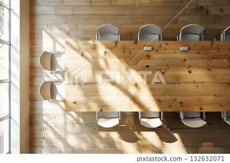 自然光下的會議室和桌椅佈置（團隊合作和商務場景） 132632071