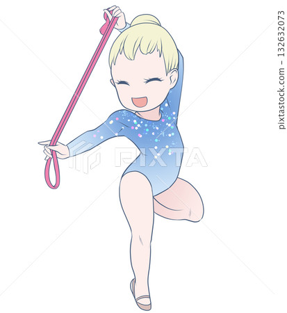 A young female athlete performing rhythmic gymnastics. A female rhythmic gymnast performing rope routines. Simple and cute clip art 132632073