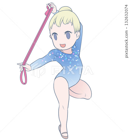 一位年輕的女運動員正在表演藝術體操。一位女藝術體操運動員正在表演繩索項目。簡潔可愛的剪貼畫。 132632074