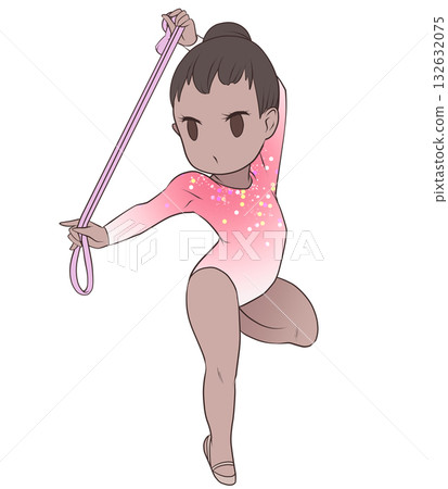 一位年輕的女運動員正在表演藝術體操。一位女藝術體操運動員正在表演繩索項目。簡潔可愛的剪貼畫。 132632075