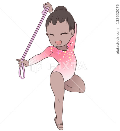 一位年輕的女運動員正在表演藝術體操。一位女藝術體操運動員正在表演繩索項目。簡潔可愛的剪貼畫。 132632076