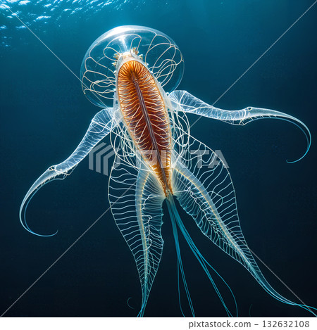 一種深海生物神秘現身，它的身體透明，並發出藍色的光芒。 132632108