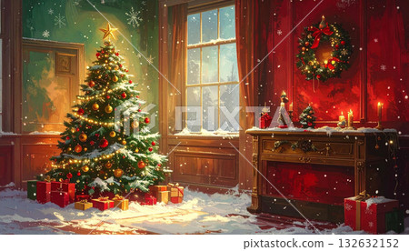 A classic Christmas tree and fireplace shining by the window on a snowy night 132632152