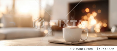 Warm coffee mug by a fireplace with cozy living room in background 132632226