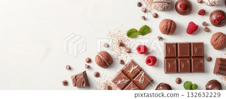 Chocolate bars, truffles, raspberries and cocoa powder on white background. Chocolate bars, truffles, raspberries and cocoa powder on white background. 132632229