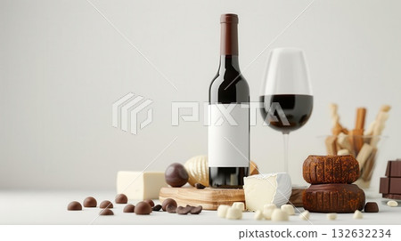 A bottle of red wine, a glass of red wine, cheese, chocolate and crackers on a white background. A bottle of red wine, a glass of red wine, cheese, chocolate and crackers on a white background. 132632234