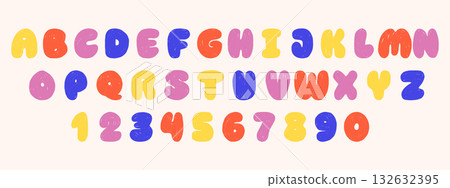 Cute crayon alphabet and numbers set. Colorful kids font with chalk and pencil texture. Childish playful scribbles. 132632395