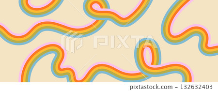 Wavy rainbow stripes retro pattern. Vintage horizontal background with groovy colorful lines. 132632403