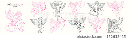 Whimsical cupid set. Hand drawn vintage cherub collection with hearts, clouds, bows and banners in coquette doodle style. Whimsical cupid set. Hand drawn vintage cherub collection with hearts, clouds, bows and banners in coquette doodle style. 132632415
