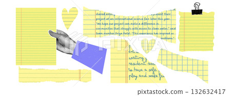 Yellow torn notebook paper collage with lined, grid sheets and halftone hand. Ripped legal pad pieces and paper scraps. Creative school and office stationery template for digital collage, banner. Yellow torn notebook paper collage with lined, grid sheets and halftone hand. Ripped legal pad pieces and paper scraps. Creative school and office stationery template for digital collage, banner. 132632417