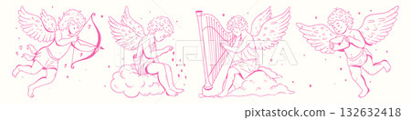 Whimsical cupid collection. Hand drawn vintage cherubs with bow, harp, cloud, and love letter in coquette doodle style. Vector illustration for valentine, wedding, and romantic design. Whimsical cupid collection. Hand drawn vintage cherubs with bow, harp, cloud, and love letter in coquette doodle style. Vector illustration for valentine, wedding, and romantic design. 132632418