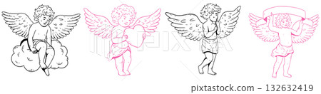 Whimsical cupid set. Hand drawn vintage cherub illustrations with cloud, heart, banner and thoughtful pose in coquette doodle style. 132632419