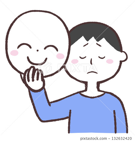 圖:一個面帶悲傷表情的男人拿著一個笑臉面具 圖:一個面帶悲傷表情的男人拿著一個笑臉面具 132632420