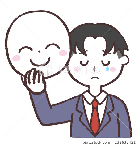 Illustration of a crying boy holding a smiling mask Illustration of a crying boy holding a smiling mask 132632421