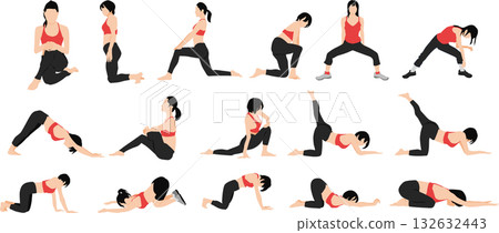 一組節食女性的插圖(伸展運動) 一組節食女性的插圖(伸展運動) 132632443