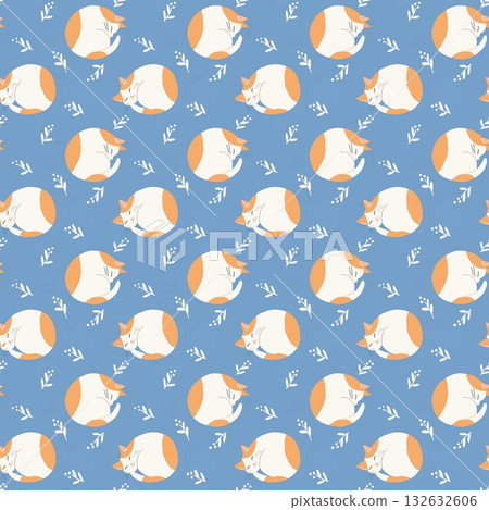 Seamless pattern of a curled up cat and leaves 132632606