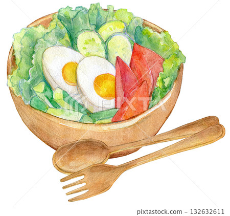 Watercolor illustration: Fresh vegetable salad 132632611