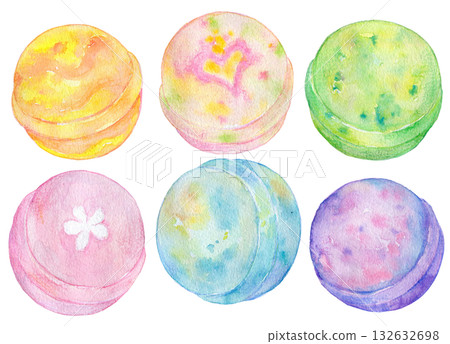 Watercolor illustration of a set of colorful bath bombs 132632698